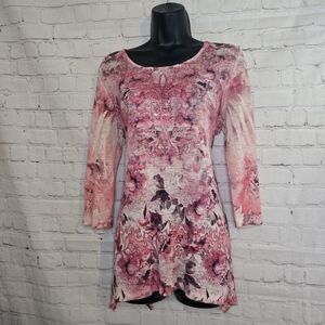 ONE WORLD Pink Floral asymmetrical hem tunic Y2k Fairycore Blouse Medium